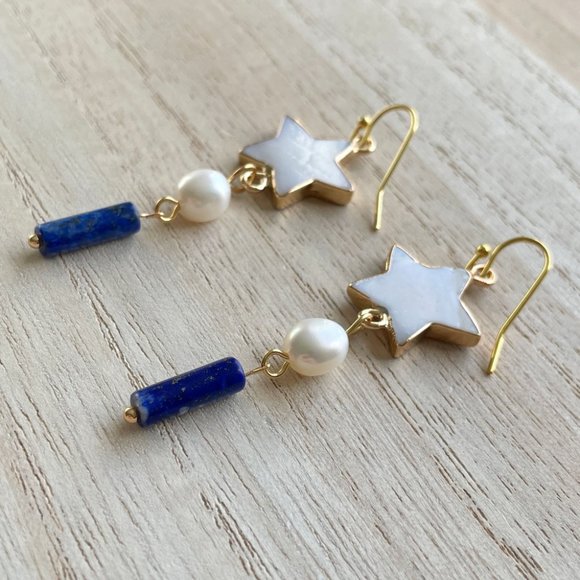 Earring Pearl, Lapis and Mother of Pearl Gold Star, 18KT Plated  Dangle earring - Picture 1 of 4